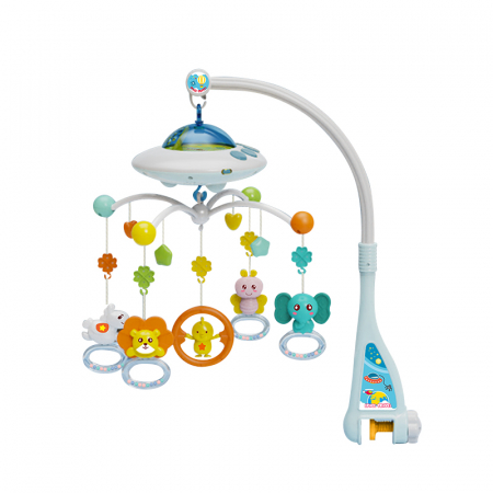 Carusel Muzical Giftry®, interactiv multifunctional, 108 sunete, lumini, proiector, telecomanda, +0 luni, nava spatiala, bleu [5]