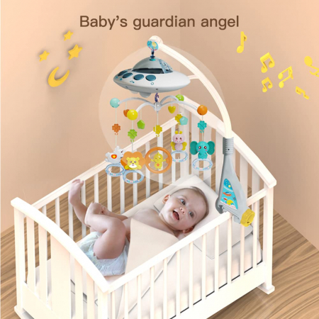 Carusel Muzical Giftry®, interactiv multifunctional, 108 sunete, lumini, proiector, telecomanda, +0 luni, nava spatiala, bleu [4]