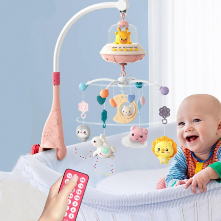 Carusel Muzical Giftry®, pentru patut, interactiv multifunctional, 5 jucarii senzoriale, Rotire 360°, sunete, lumini, proiector, telecomanda, +0 luni, model girafa, roz [5]