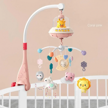 Carusel Muzical Giftry®, pentru patut, interactiv multifunctional, 5 jucarii senzoriale, Rotire 360°, sunete, lumini, proiector, telecomanda, +0 luni, model girafa, roz [3]