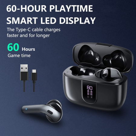 Casti wireless audio, Giftry®, Bluetooth 5.3, Waterproof, Afisare LED, Compatibile Android iOS, Negru [2]
