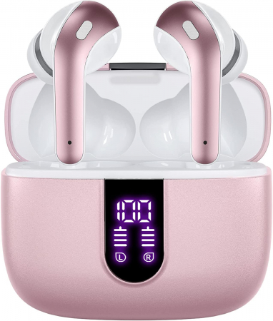 Casti bluetooth - Casti wireless audio, Giftry®, Bluetooth 5.3, Waterproof, Afisare LED, Compatibile Android iOS, Roz