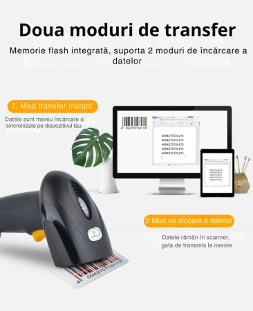 Cititor coduri de bare 1D/2D & QR, Giftry®, Wireless 2.4G + USB, compatibil Android/iOS/PC, 200 scan/sec, baterie 1800 mAh, cu suport reglabil, negru [1]