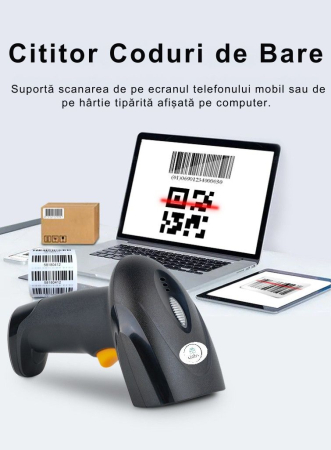 Cititor coduri de bare 1D/2D & QR, Giftry®, Wireless 2.4G + USB, compatibil Android/iOS/PC, 200 scan/sec, baterie 1800 mAh, cu suport reglabil, negru [5]