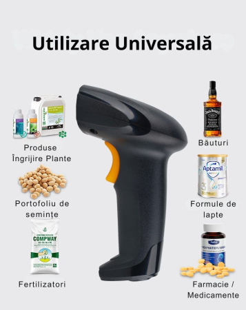 Cititor coduri de bare 1D/2D & QR, Giftry®, Wireless 2.4G + USB, compatibil Android/iOS/PC, 200 scan/sec, baterie 1800 mAh, cu suport reglabil, negru [3]