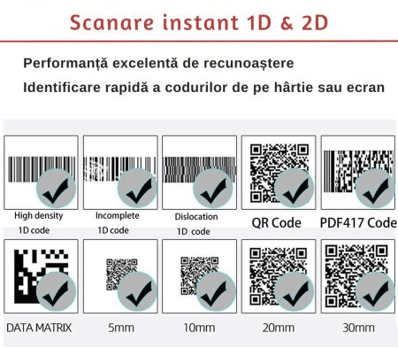 Cititor coduri de bare 1D/2D & QR, Giftry®, Wireless 2.4G + USB, compatibil Android/iOS/PC, 200 scan/sec, baterie 1800 mAh, cu suport reglabil, negru [7]