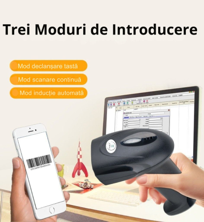 Cititor coduri de bare 1D/2D & QR, Giftry®, Wireless 2.4G + USB, compatibil Android/iOS/PC, 200 scan/sec, baterie 1800 mAh, cu suport reglabil, negru [2]