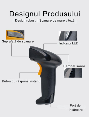 Cititor coduri de bare 1D/2D & QR, Giftry®, Wireless 2.4G + USB, compatibil Android/iOS/PC, 200 scan/sec, baterie 1800 mAh, cu suport reglabil, negru [4]
