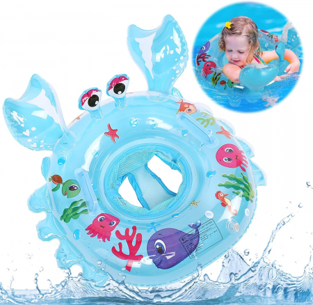 Toate produsele - Colac înot pentru bebeluși și copii, Giftry®, cu suport de șezut și mânere de siguranță, model crab, albastru, 6–48 luni