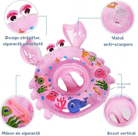 Colac înot pentru bebeluși și copii, Giftry®, cu suport de șezut și mânere de siguranță, model crab, roz, 6–48 luni [3]