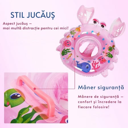 Colac înot pentru bebeluși și copii, Giftry®, cu suport de șezut și mânere de siguranță, model crab, roz, 6–48 luni [2]