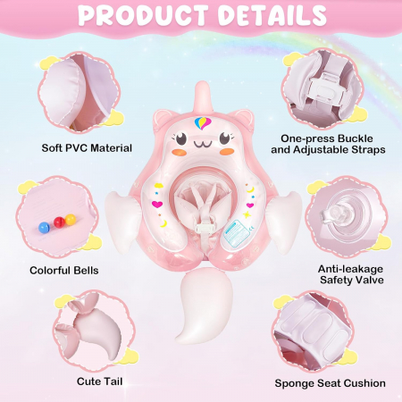 Colac inot pentru bebelusi si copii, Giftry cu suport pentru cap si burtica, canopi, model unicorn, roz, marimea L, 12-36 luni [5]