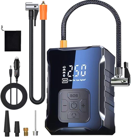 Dispozitive electronice si Gadgeturi - Compresor auto portabil Giftry® , 50 L/min, 10.3 BAR, acumulator 4000 mAh, display digital, oprire automata, lumina LED SOS, accesorii multiple, Negru