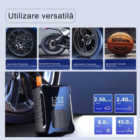 Compresor auto portabil Giftry® , 50 L/min, 10.3 BAR, acumulator 4000 mAh, display digital, oprire automata, lumina LED SOS, accesorii multiple, Negru [2]