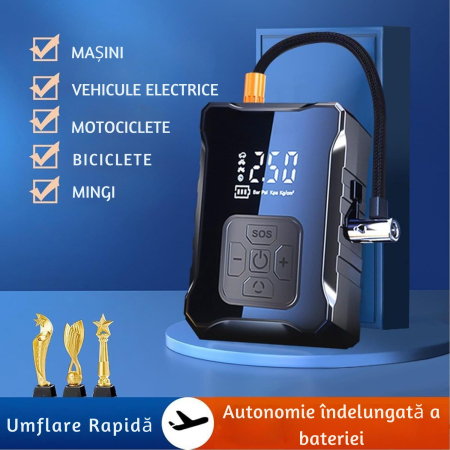 Compresor auto portabil Giftry® , 50 L/min, 10.3 BAR, acumulator 4000 mAh, display digital, oprire automata, lumina LED SOS, accesorii multiple, Negru [5]