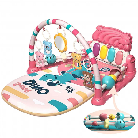 Covoras de activitati pentru bebelusi Giftry®, model dinozaur, multifunctional, pian interactiv scoica, 5 jucarii senzoriale, muzica si lumini, roz, 0 luni + [5]