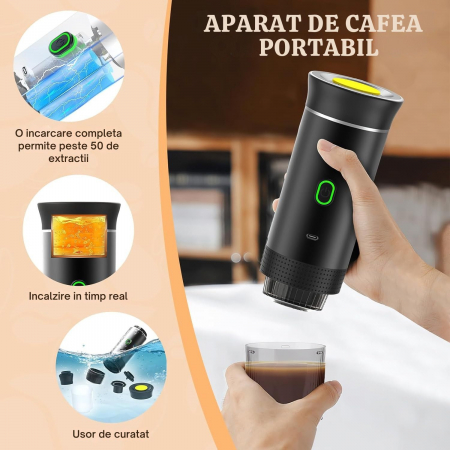 Espressor Portabil 3 in 1 Giftry®, Fara Fir, 20 Bar, Baterie 7500mAh, Compatibil Capsule Nespresso, Dolce Gusto si Cafea Macinata, Incalzire Automata, USB-C, Negru [8]