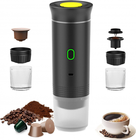 Blender - Espressor Portabil 3 in 1 Giftry®, Fara Fir, 20 Bar, Baterie 7500mAh, Compatibil Capsule Nespresso, Dolce Gusto si Cafea Macinata, Incalzire Automata, USB-C, Negru