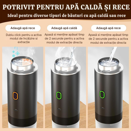 Espressor Portabil 3 in 1 Giftry®, Fara Fir, 20 Bar, Baterie 7500mAh, Compatibil Capsule Nespresso, Dolce Gusto si Cafea Macinata, Incalzire Automata, USB-C, Negru [2]
