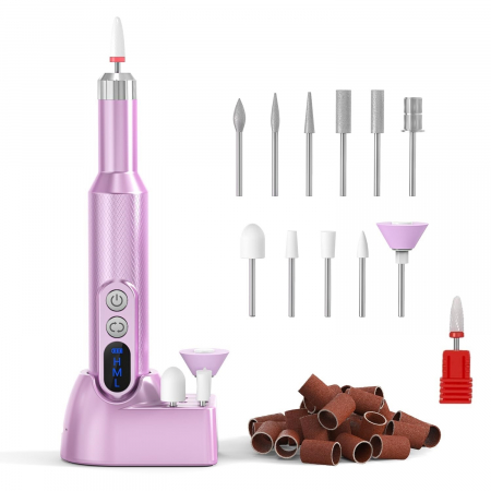 Produse îngrijire damă / bărbați - Freza unghii profesionala, Giftry®, 11 capete, 36 benzi de slefuire, Reincarcabil, Directia F/R, LED, portabil, manichiura / pedichiura, Roz