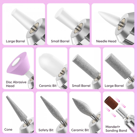 Freza unghii profesionala, Giftry®, 11 capete, 36 benzi de slefuire, Reincarcabil, Directia F/R, LED, portabil, manichiura / pedichiura, Roz [5]