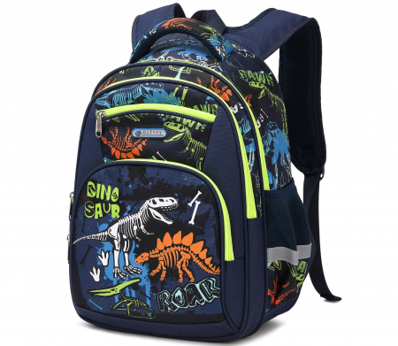 Back to school - Ghiozdan pentru scoala baieti, Giftry®, 5-10 ani, model dinozaur fosforescent, multifunctional, impermeabil, albastru, 42 cm x 36 cm x 18 cm