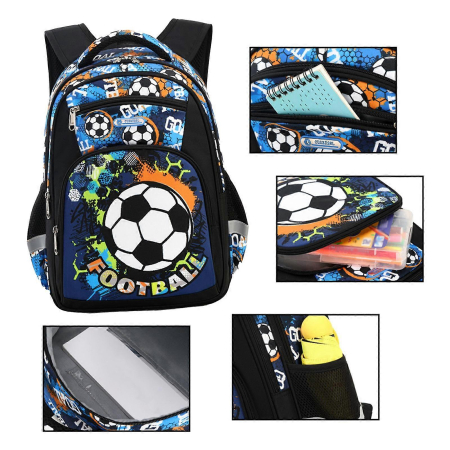 Ghiozdan pentru scoala baieti, Giftry®, 5-10 ani, Tematica Fotbal, multifunctional, impermeabil, negru, 41 cm x 28 cm x 17 cm [9]