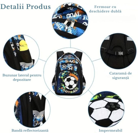 Ghiozdan pentru scoala baieti, Giftry®, 5-10 ani, Tematica Fotbal, multifunctional, impermeabil, negru, 41 cm x 28 cm x 17 cm [1]