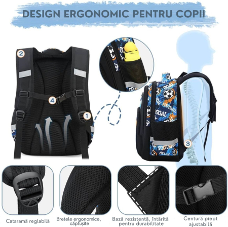 Ghiozdan pentru scoala baieti, Giftry®, 5-10 ani, Tematica Fotbal, multifunctional, impermeabil, negru, 41 cm x 28 cm x 17 cm [6]