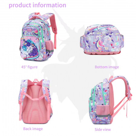 Ghiozdan pentru scoala fete, Giftry®, 5-10 ani, model Unicorn, multifunctional, impermeabil, roz, 42 cm x 36 cm x 18 cm [3]