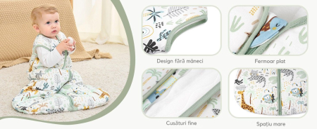 Giftry® Sac de dormit pentru bebelusi, 0-6 luni, 100% bumbac, 1.0 TOG, fara maneci, fermoar dublu, confort termic, model safari, verde [4]