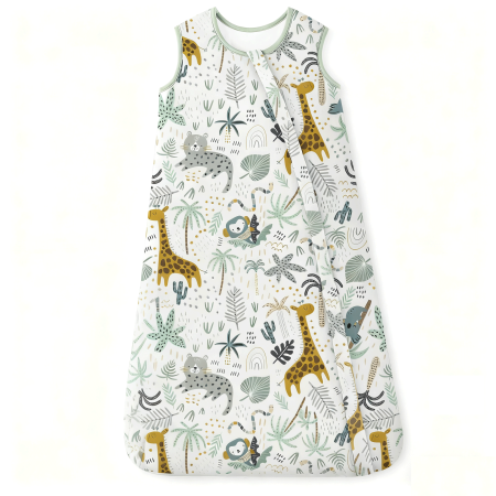 Toate produsele - Giftry® Sac de dormit pentru bebelusi, 0-6 luni, 100% bumbac, 1.0 TOG, fara maneci, fermoar dublu, confort termic, model safari, verde