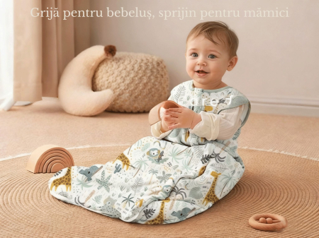 Giftry® Sac de dormit pentru bebelusi, 0-6 luni, 100% bumbac, 1.0 TOG, fara maneci, fermoar dublu, confort termic, model safari, verde [6]