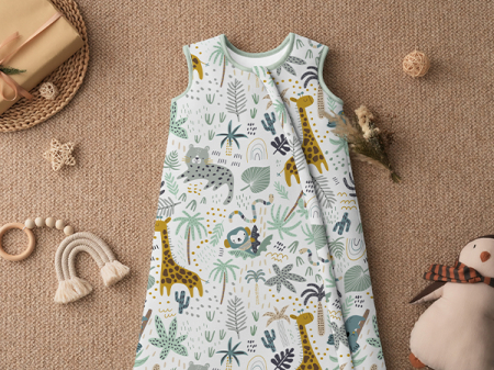 Giftry® Sac de dormit pentru bebelusi, 0-6 luni, 100% bumbac, 1.0 TOG, fara maneci, fermoar dublu, confort termic, model safari, verde [5]