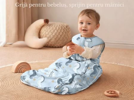 Giftry® Sac de dormit pentru bebelusi, 6-18 luni, 100% bumbac, 1.0 TOG, fara maneci, fermoar dublu, confort termic, model animale marine, albastru [6]