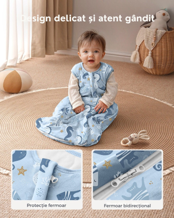 Giftry® Sac de dormit pentru bebelusi, 6-18 luni, 100% bumbac, 1.0 TOG, fara maneci, fermoar dublu, confort termic, model animale marine, albastru [2]