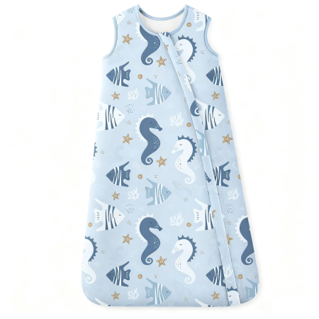Toate produsele - Giftry® Sac de dormit pentru bebelusi, 6-18 luni, 100% bumbac, 1.0 TOG, fara maneci, fermoar dublu, confort termic, model animale marine, albastru