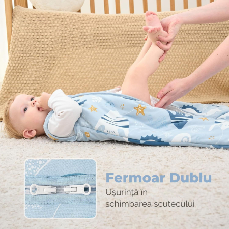 Giftry® Sac de dormit pentru bebelusi, 6-18 luni, 100% bumbac, 1.0 TOG, fara maneci, fermoar dublu, confort termic, model animale marine, albastru [1]