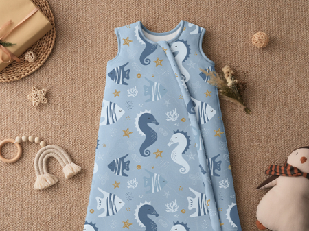Giftry® Sac de dormit pentru bebelusi, 6-18 luni, 100% bumbac, 1.0 TOG, fara maneci, fermoar dublu, confort termic, model animale marine, albastru [7]