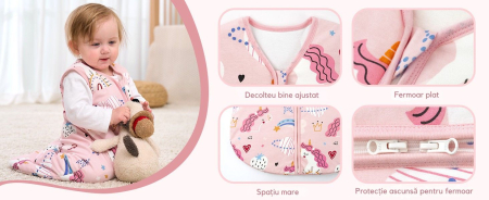 Giftry® Sac de dormit pentru bebelusi, 6-18 luni, 100% bumbac, 1.0 TOG, fara maneci, fermoar dublu, confort termic, model unicorn, roz [3]