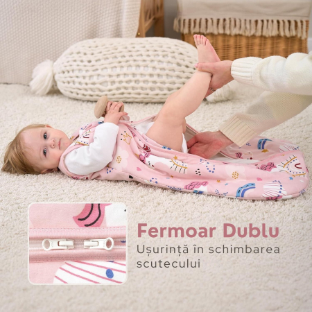 Giftry® Sac de dormit pentru bebelusi, 6-18 luni, 100% bumbac, 1.0 TOG, fara maneci, fermoar dublu, confort termic, model unicorn, roz [4]