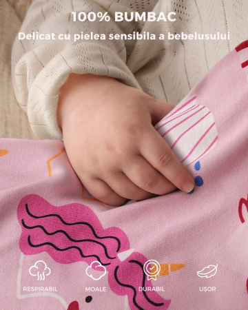 Giftry® Sac de dormit pentru bebelusi, 6-18 luni, 100% bumbac, 1.0 TOG, fara maneci, fermoar dublu, confort termic, model unicorn, roz [6]