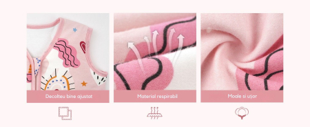 Giftry® Sac de dormit pentru bebelusi, 6-18 luni, 100% bumbac, 1.0 TOG, fara maneci, fermoar dublu, confort termic, model unicorn, roz [5]