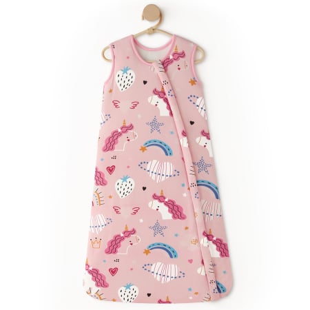 Toate produsele - Giftry® Sac de dormit pentru bebelusi, 6-18 luni, 100% bumbac, 1.0 TOG, fara maneci, fermoar dublu, confort termic, model unicorn, roz