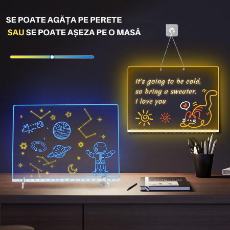 Giftry® Tabla LED Scris si Desen pentru Copii 3+, 7 Culori, 4 Moduri, 35x27 cm, Reutilizabila, Accesorii Complete, Ideal pentru Joaca, Camera, Birou si Home Office, Acril [2]