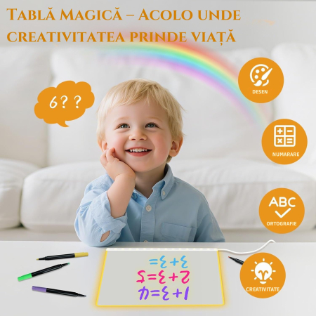 Giftry® Tabla LED Scris si Desen pentru Copii 3+, 7 Culori, 4 Moduri, 35x27 cm, Reutilizabila, Accesorii Complete, Ideal pentru Joaca, Camera, Birou si Home Office, Acril [5]