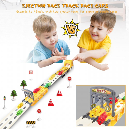 Jucarie camion dinozaur Giftry®, pista pliabila, 2 moduri joc, 6 masinute, 12 semne circulatie, sunete si lumini, 3-8 ani, galben [7]