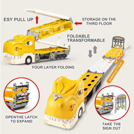 Jucarie camion dinozaur Giftry®, pista pliabila, 2 moduri joc, 6 masinute, 12 semne circulatie, sunete si lumini, 3-8 ani, galben [4]