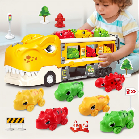 Jucarie camion dinozaur Giftry®, pista pliabila, 2 moduri joc, 6 masinute, 12 semne circulatie, sunete si lumini, 3-8 ani, galben [1]