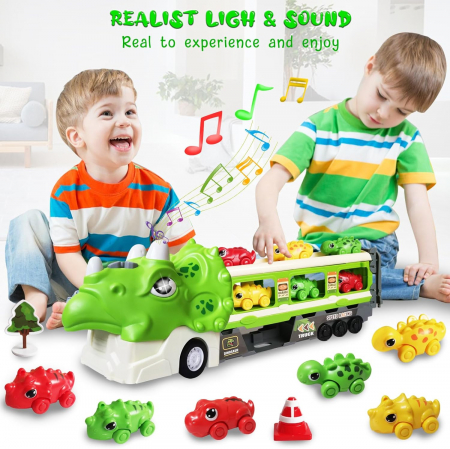 Jucarie camion dinozaur Giftry®, pista pliabila, 2 moduri joc, 6 masinute, 12 semne circulatie, sunete si lumini, 3-8 ani, verde [2]